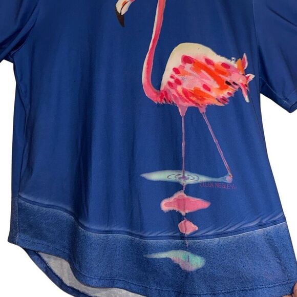 Ellen Negley Navy Blue Pink Flamingo Keyhole Short Sleeve Top Ladies Size Large - Picture 2 of 14